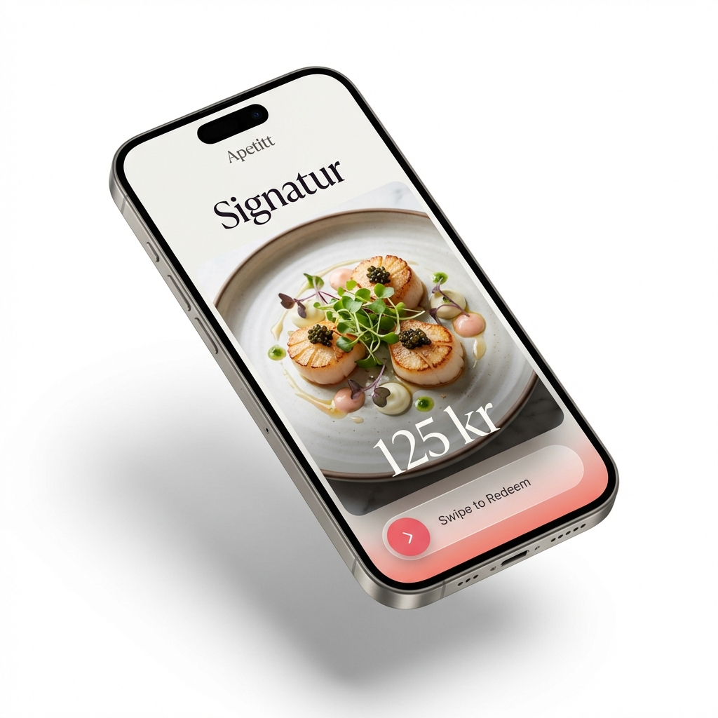 Mobilvisning som viser signaturrett og swipe for innløsning i appen.